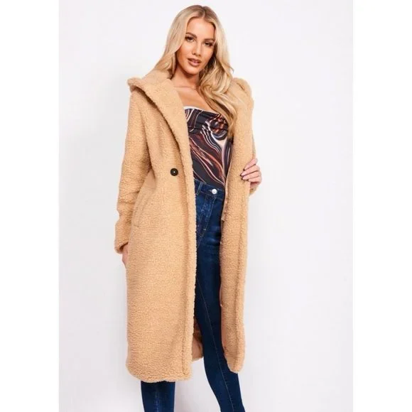Camel Long Sleeve Hoodie Hooded Long Maxi Borg Teddy Bear Fur Coat - Picture 4 of 16
